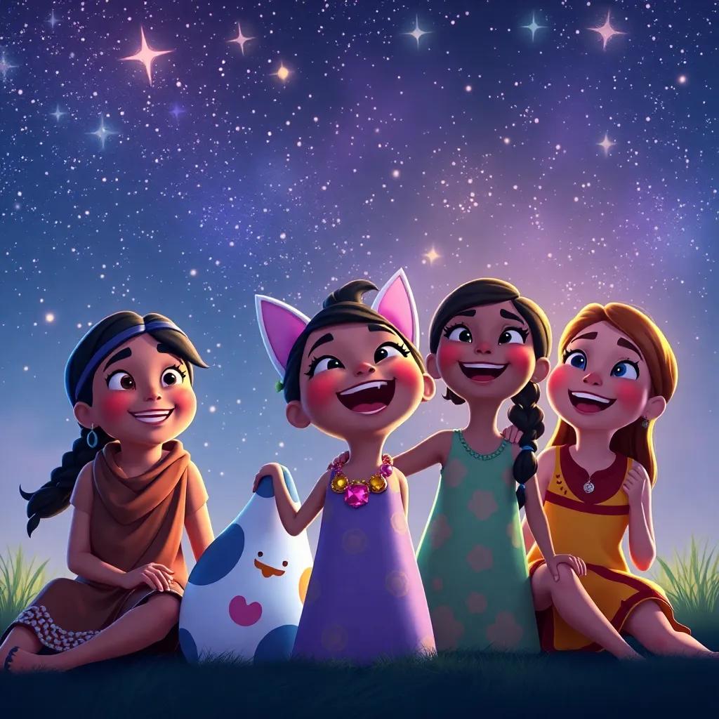 Tula celebrating with her friends, happiness glowing on their faces while they watch the stars dance, stars above shining brightly, magical moment, vibrant imagery