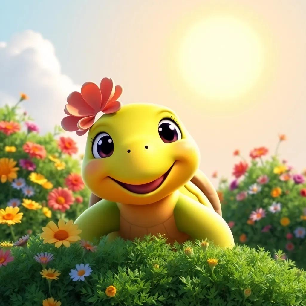 A friendly turtle named Tula, smiling with a bright sun in the background, surrounded by colorful flowers and green bushes, digital art, vibrant colors, cheerful atmosphere, high quality