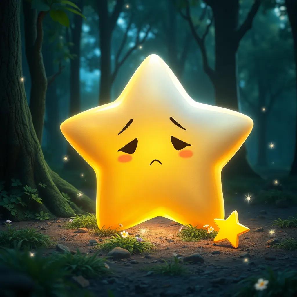A shiny fallen star named Estrella, glowing brightly on the ground, sad but beautiful, with twinkling sparkles around her, set in a lush forest, digital painting, enchanting, magical, high quality