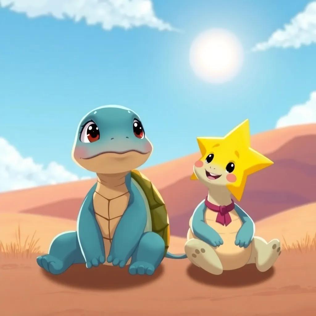 Tula the turtle and Estrella the star sitting side by side, Tula looking determined, with a backdrop of a hill and a bright blue sky, sharing ideas, illustration, hopeful vibe, warm colors, high quality