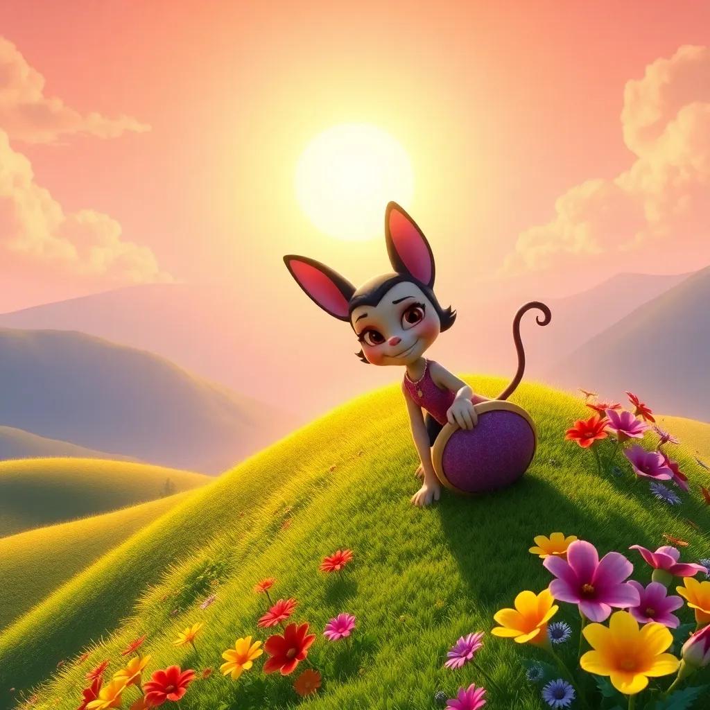 A scenic view of Tula climbing a beautiful green hill with Estrella next to her, bright sun rising in the background, colorful flowers around, vibrant digital art, adventure scene, high quality