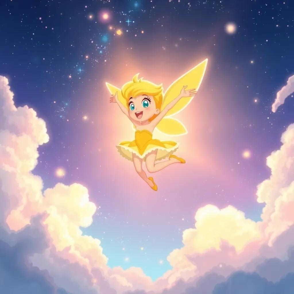 Estrella jumping joyfully into the wind, surrounded by sparkling light, a stunning view of the sky above, illustration, vibrant colors, magical moment, high quality