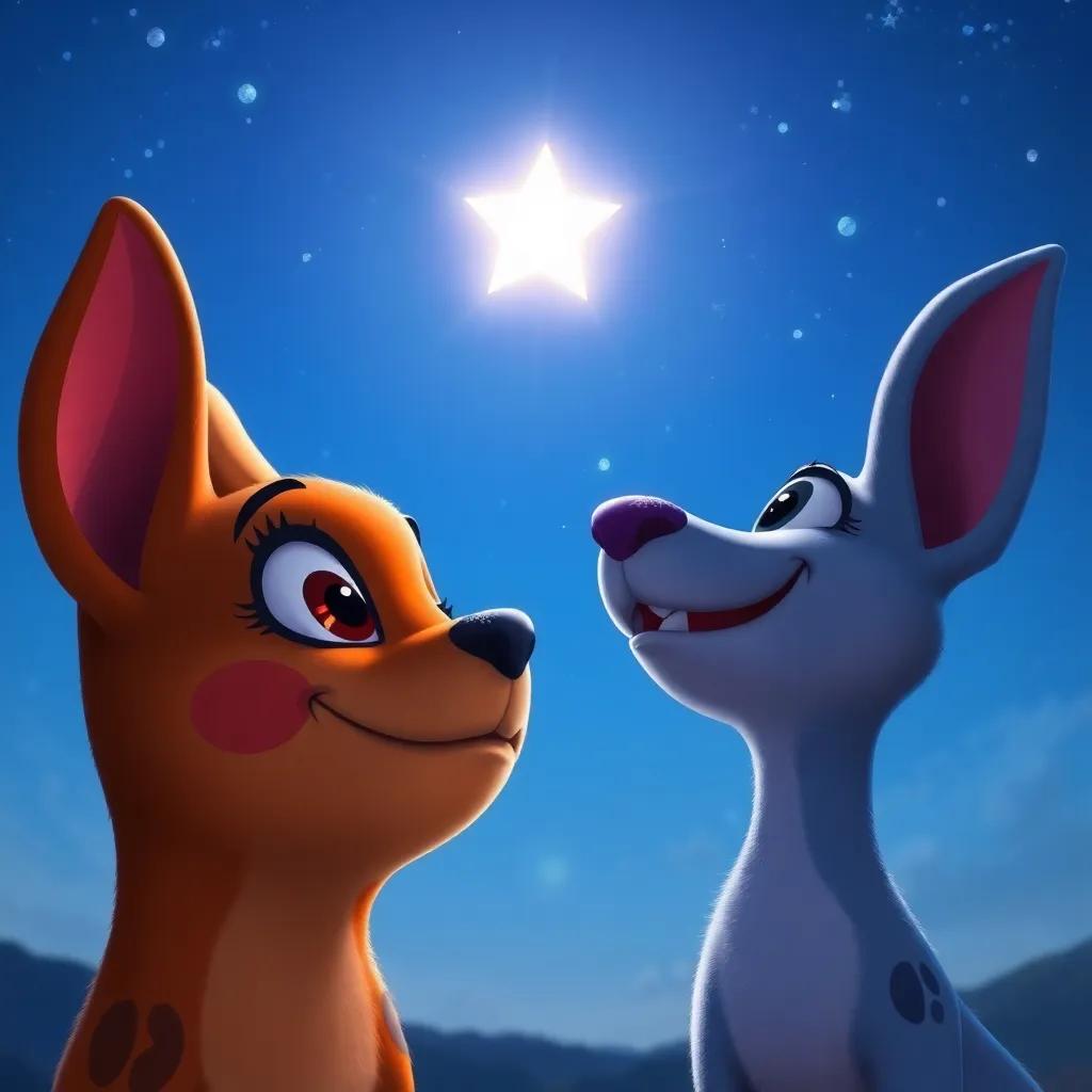 A close-up of Tula smiling, watching Estrella go back to the sky, glow of the star contrasting with a bright blue sky, heartwarming scene, digital painting, bright colors, high quality