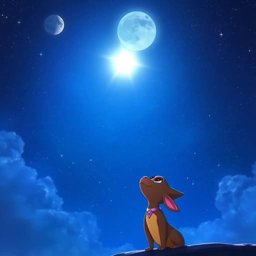 Estrella shining brightly in the night sky, surrounded by other stars and the moon, Tula looking up from below with admiration, fantasy style, enchanting, beautiful sky, high quality