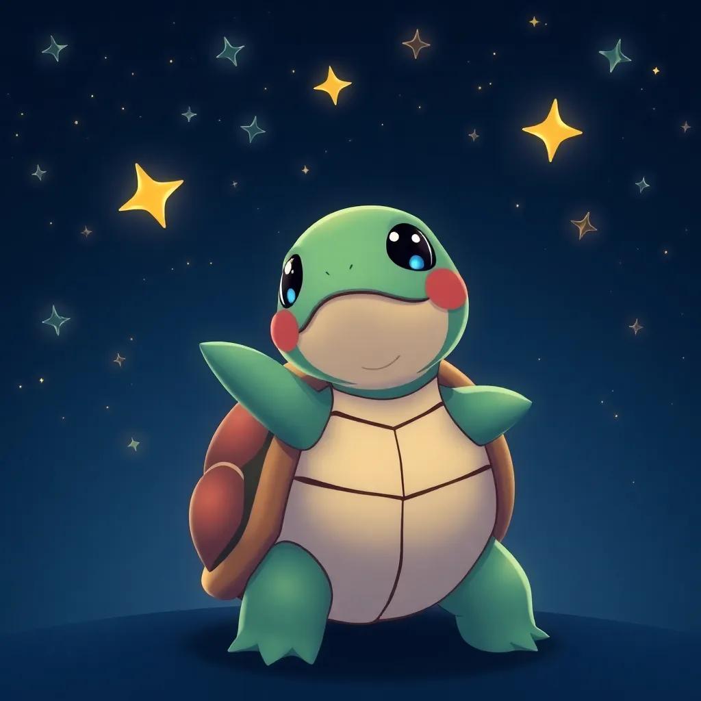 Tula the turtle celebrating below the stars, happy and proud, with a dark blue night sky decorated with twinkling stars, cheerful atmosphere, digital art, joyful scene, high quality