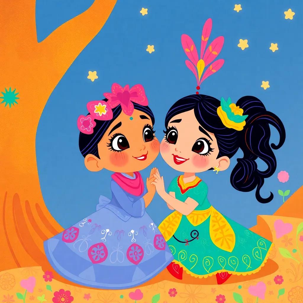 A beautiful scene of Tula and Estrella's friendship illustrated with colorful patterns and designs, showing their bond and adventure, whimsical style, child-friendly, bright colors, high quality