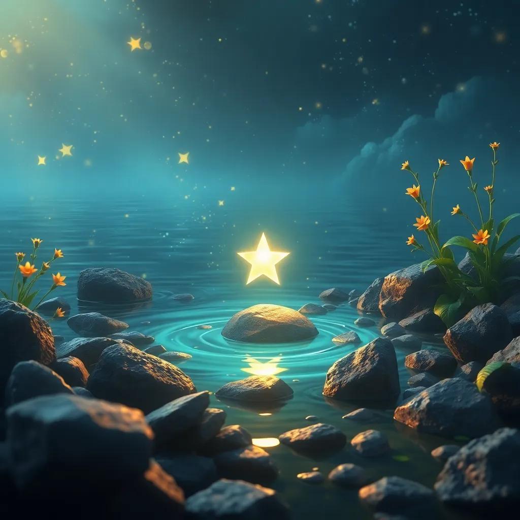Una estrella brillante, Estrella, atrapada entre piedras en el lago, con destellos dorados, rodeada de burbujas de agua y plantas acuáticas, digital painting, magical, warm light, enchanting atmosphere
