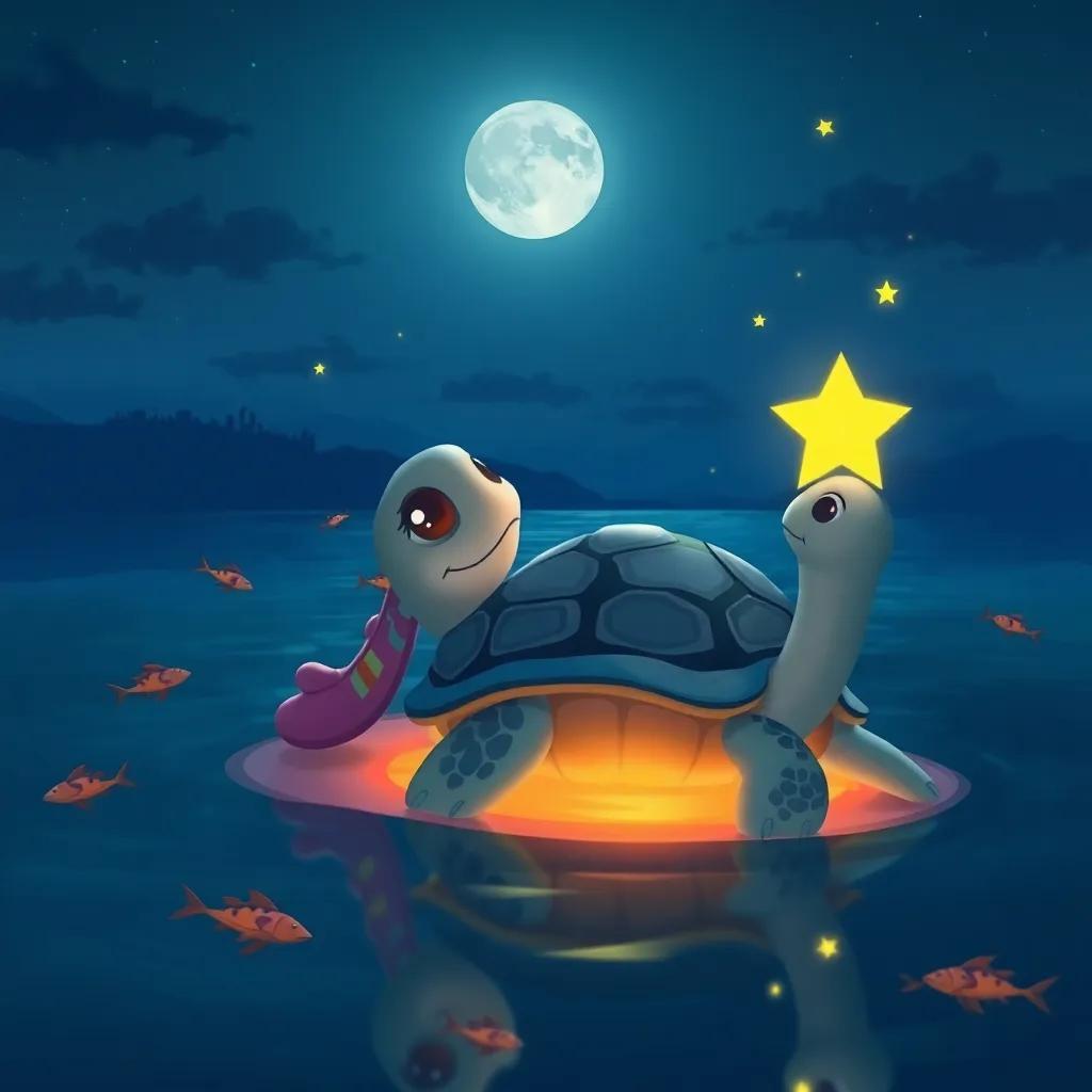 Luna, la tortuga, escuchando a Estrella, con el fondo del lago iluminado, destellos de luz y peces nadando alrededor, ilustración, cozy, friendly, inviting colors