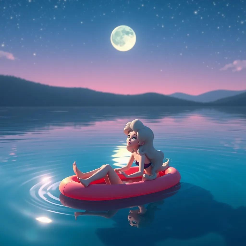 Luna y Estrella nadando juntas en el lago, en un ambiente alegre, con estrellas en el cielo reflejadas en el agua, digital art, bright and uplifting, colorful