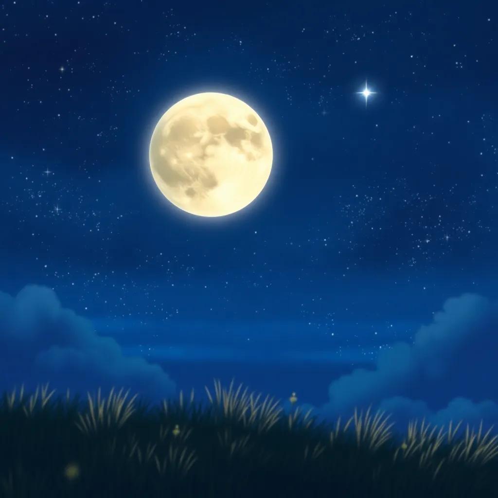 Luna mirando el cielo estrellado en la noche, sintiéndose feliz y llena de luz, con Estrella brillando en el cielo, digital painting, heartwarming, magical mood, beautiful scenery