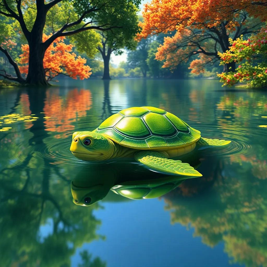 Tula, una tortuga alegre de color verde, nadando en un lago claro rodeado de árboles y flores brillantes, reflejos del sol en el agua, digital art, pesca y tranquilidad, naturaleza vibrante, detalle en los colores, perspectiva sombría, calidad alta
