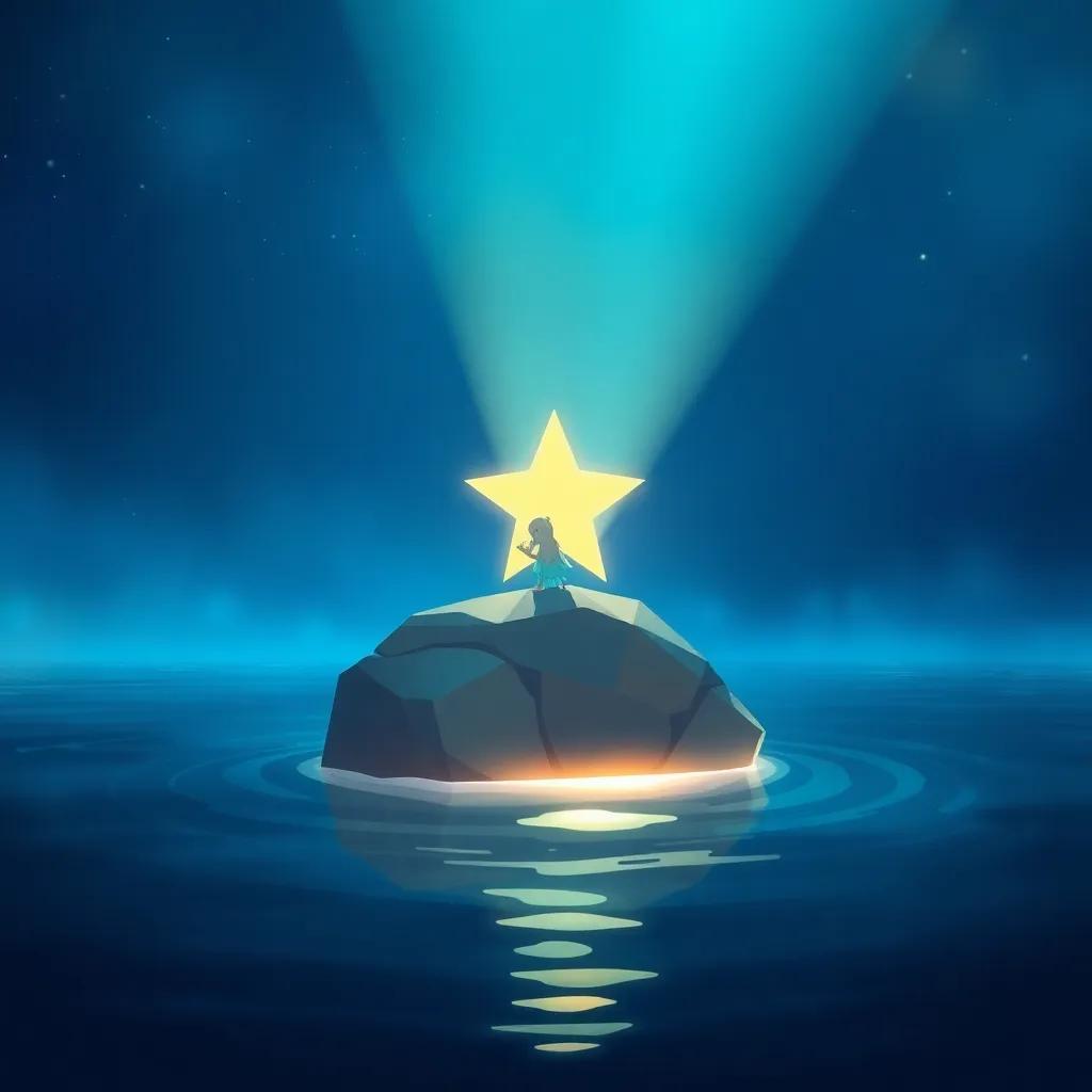 Una brillante estrella de mar, llamada Estrella, sentada en una roca en el fondo del lago, con coloridas tonalidades azules y moradas, emanando luz suave que ilumina el agua oscura, ilustración mágica, atmosférica, cuento infantil, enfoque en la luz