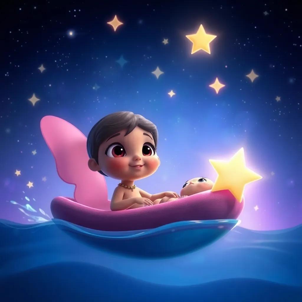 Tula, nadando cerca de Estrella, con ojos grandes y curiosos, mientras Estrella relata historias del cielo, visualización animada de constelaciones y estrellas brillantes flotando alrededor, arte digital vibrante, alegre, estilo de cuento de hadas