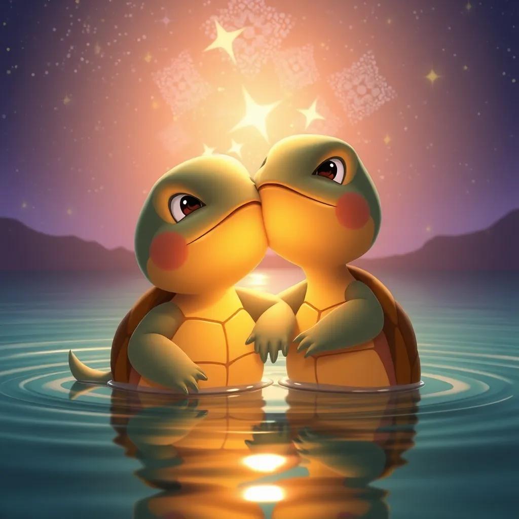 Tula y Estrella, sonriendo juntas en el lago, con un cielo estrellado detrás de ellas, la tortuga con un destello de luz sobre su caparazón, simbolizando amistad y brillo, digital art, rica en colores, alegre y acogedora