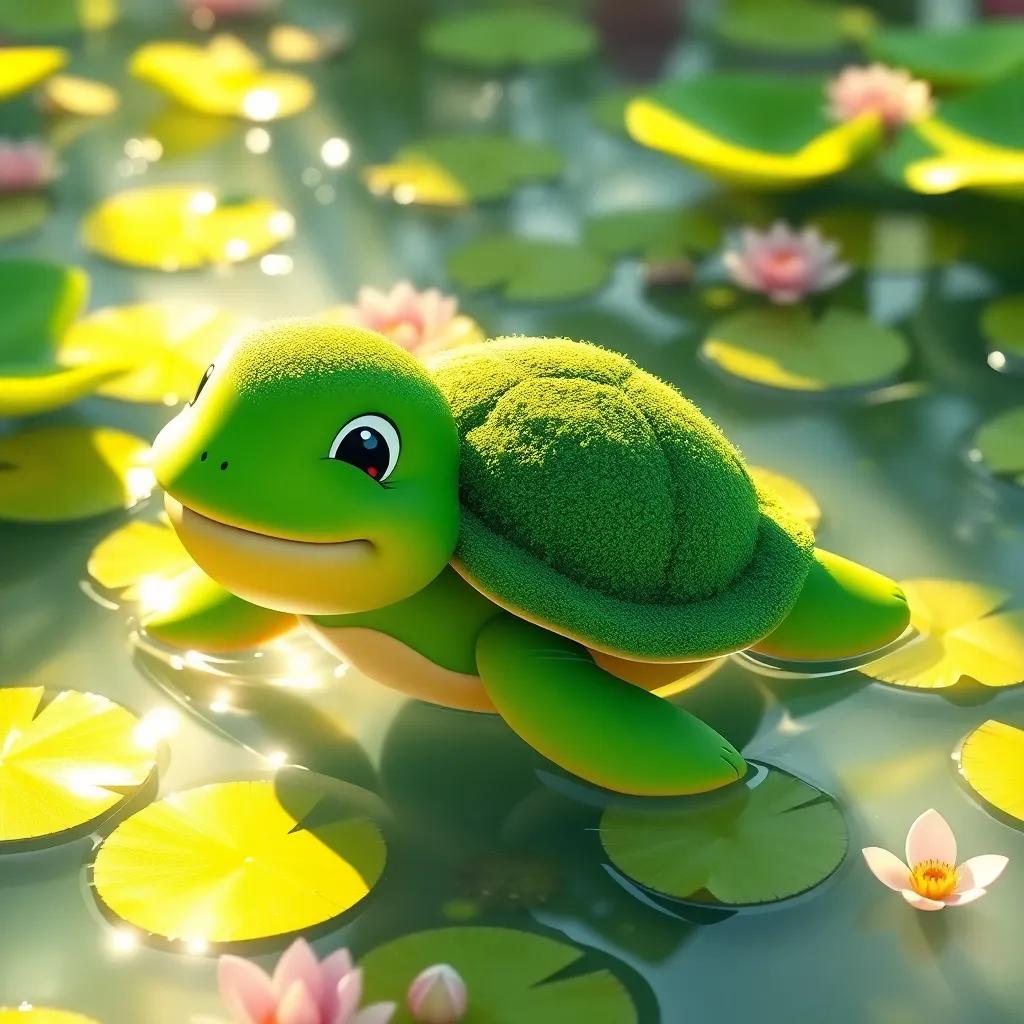 A turtle named Lila, a green turtle with a soft shell like moss, swimming joyfully in a bright lake surrounded by lily pads, with sunlight sparkling on the water, digital art, vibrant colors, cheerful atmosphere, high quality