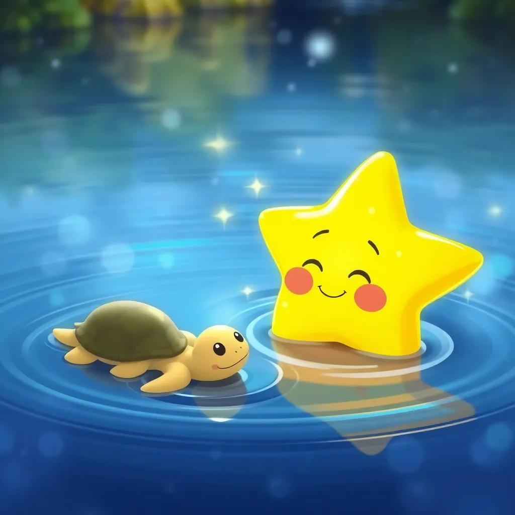 A golden star named Astra, sparkling in the water, smiling as it interacts with Lila, the turtle, with ripples surrounding them; a magical lake backdrop, illustration, dreamy, bright, child-friendly