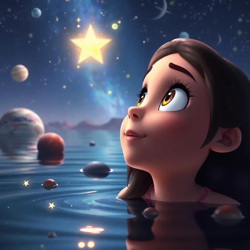 Lila listening closely to Astra, the star, with her eyes wide open in amazement, magical stories visually represented as stars and planets around them in the water, enchanting atmosphere, high quality