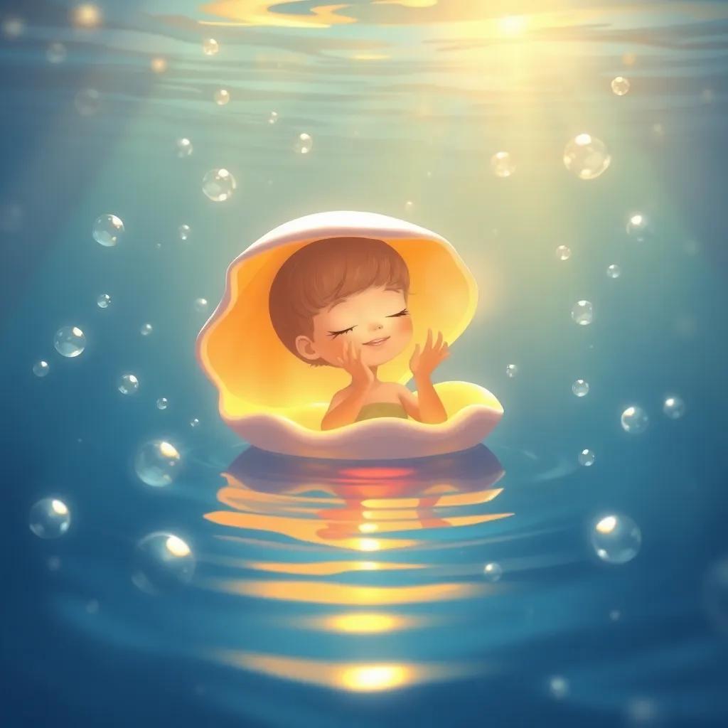 Lila practicing to shine in the water, with soft golden light illuminating her shell, surrounded by bubbles and beautiful reflections, illustration, warm tones, uplifting scene, high quality