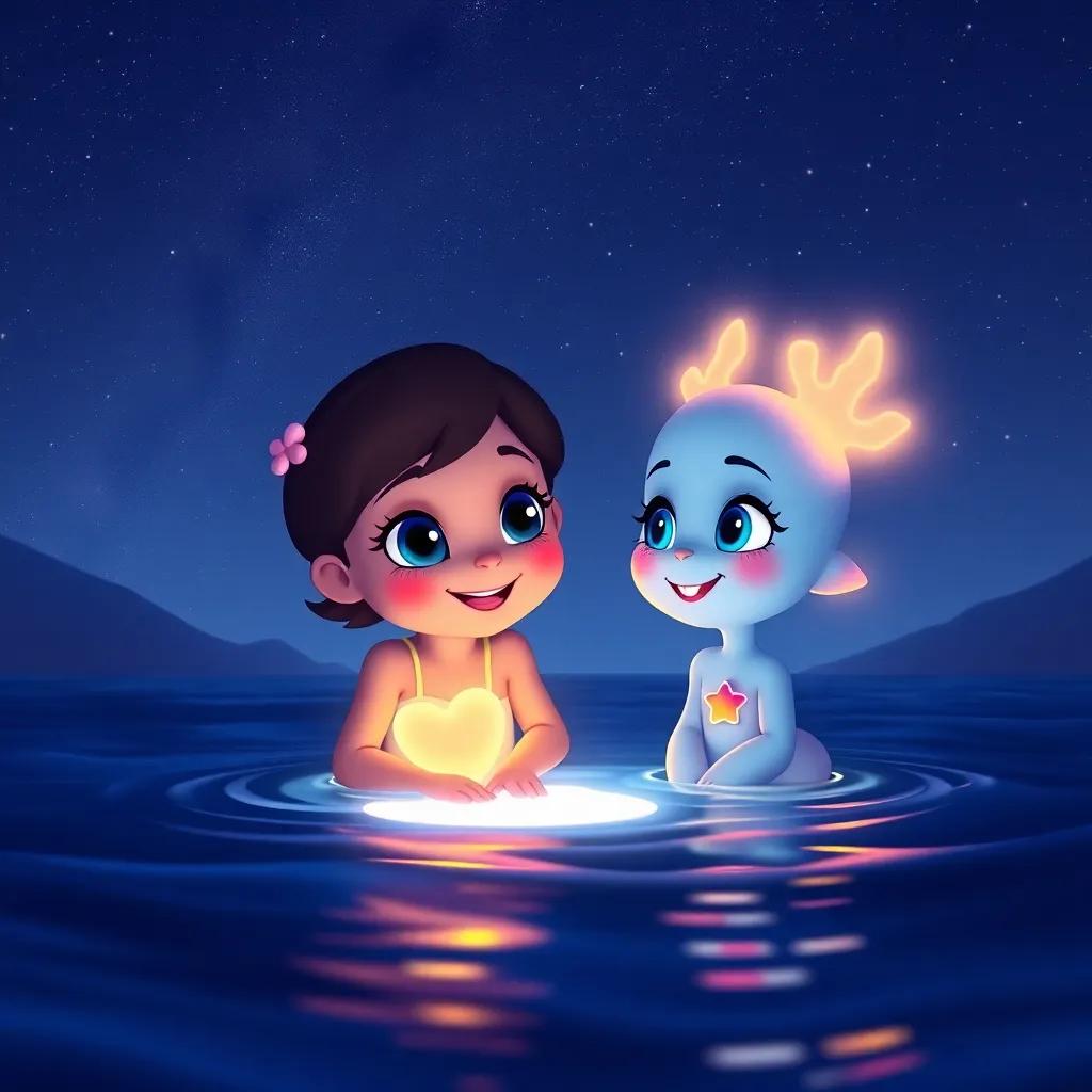Lila and Astra together, enjoying the night sky, with Lila glowing brightly in the water, creating a beautiful scene with twinkling stars above, heartwarming, colorful, child-friendly, high quality