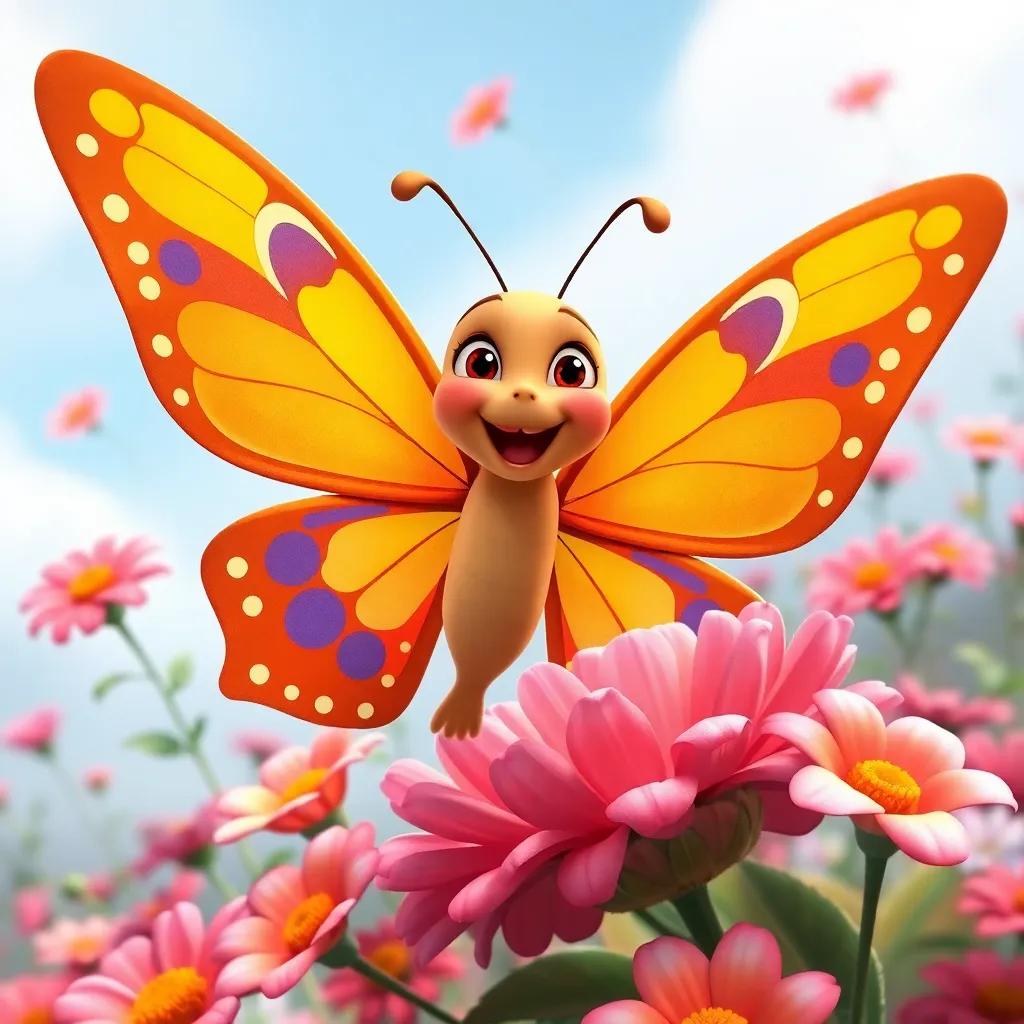 A playful butterfly named Mía flying joyfully around Tula, surrounded by flowers, her wings fully spread with bright colors, cheerful, engaging scene, lively, high quality