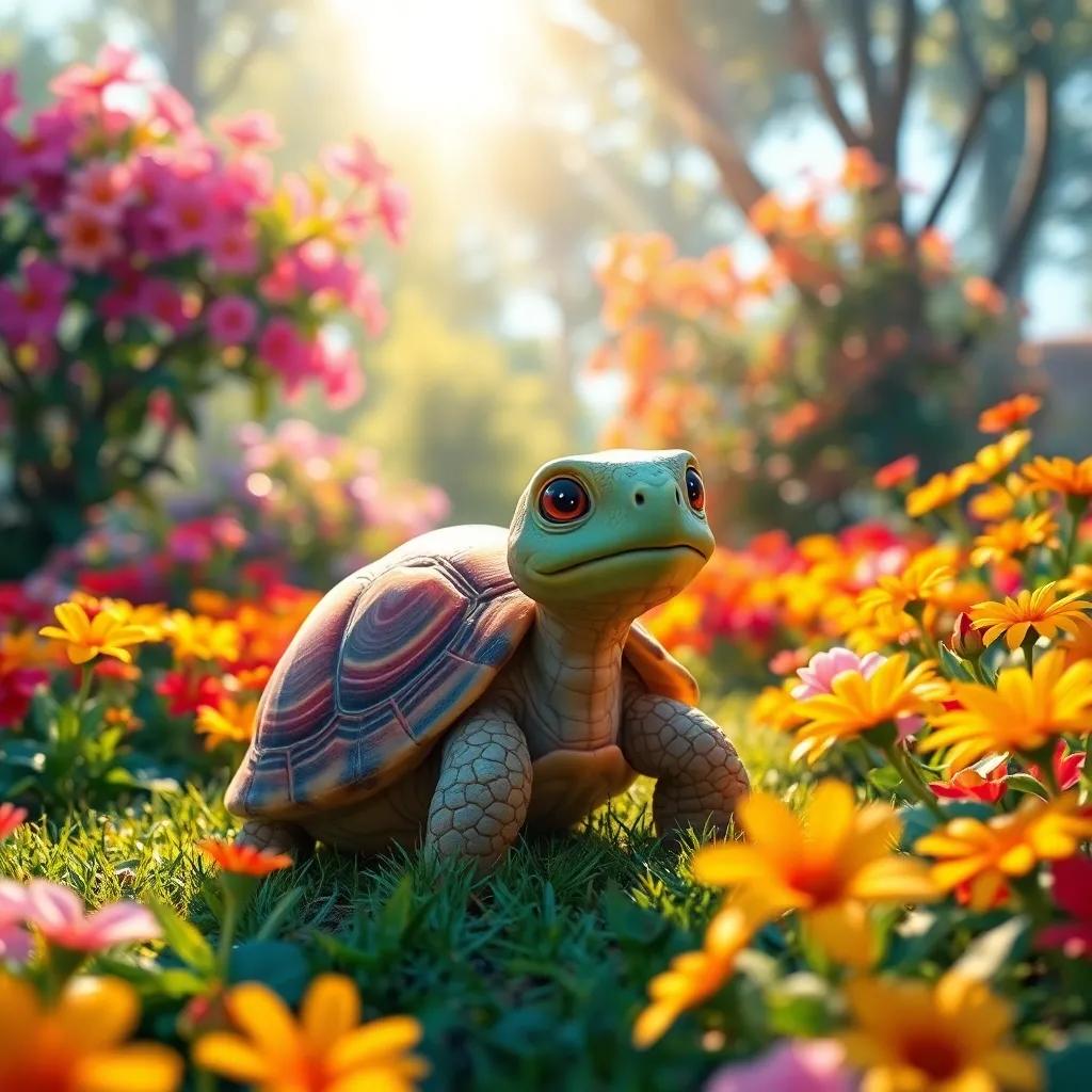 Tula the tortoise sitting peacefully in a colorful garden, vibrant flowers blooming, sunlight shining through the trees, a moment of calm and beauty, warm colors, inviting atmosphere, high quality