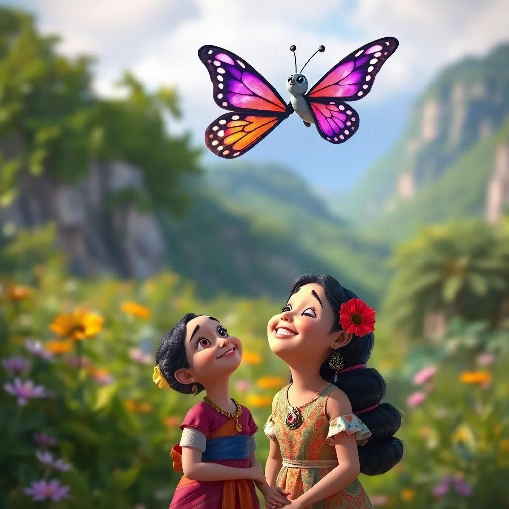 Mía the butterfly dancing in the air above Tula, who smiles back, both appreciating their differences, a backdrop of beautiful nature, heartwarming scene, bright colors, high quality