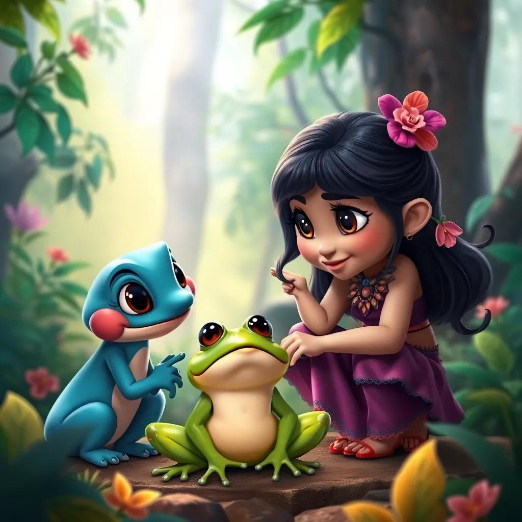 Tula and Mía working together to help a frog who looks sad, showcasing friendship and teamwork, colorful forest setting, uplifting atmosphere, rich colors, high quality