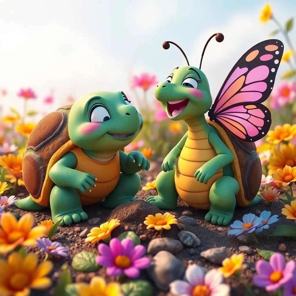 Tula the tortoise and Mía the butterfly building a flower path together, laughter and joy as they create, surrounded by flowers, detail, colorful, joyful atmosphere, high quality