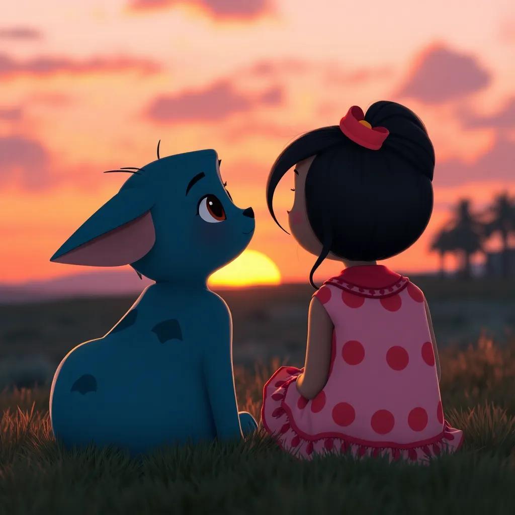 Tula and Mía watching the sunset together, reflecting on their friendship and the beauty of differences, warm hues in the sky, peaceful scene, heartwarming, high quality