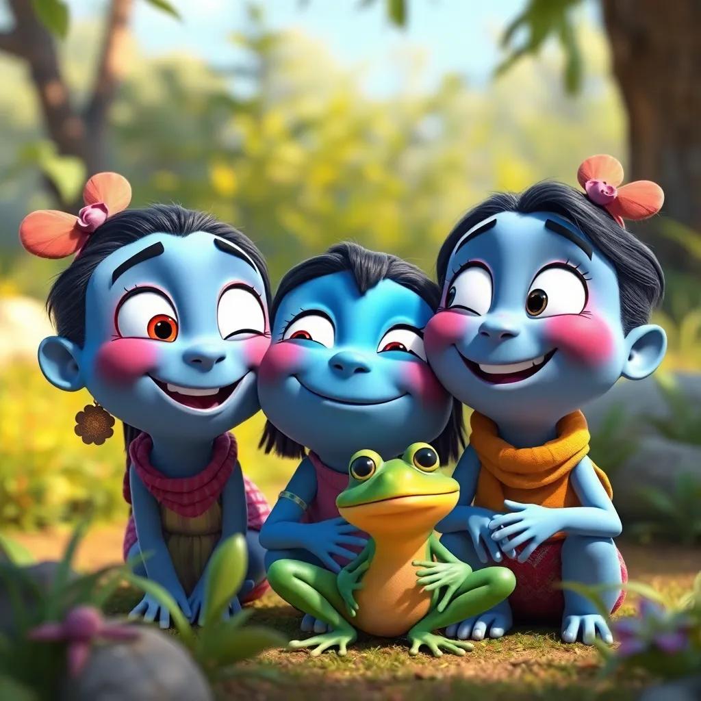 The three friends, Tula, Mía, and the frog, enjoying the day together, the flaw of individuality and friendship, cheerful expressions, nature environment, bright colors, high quality
