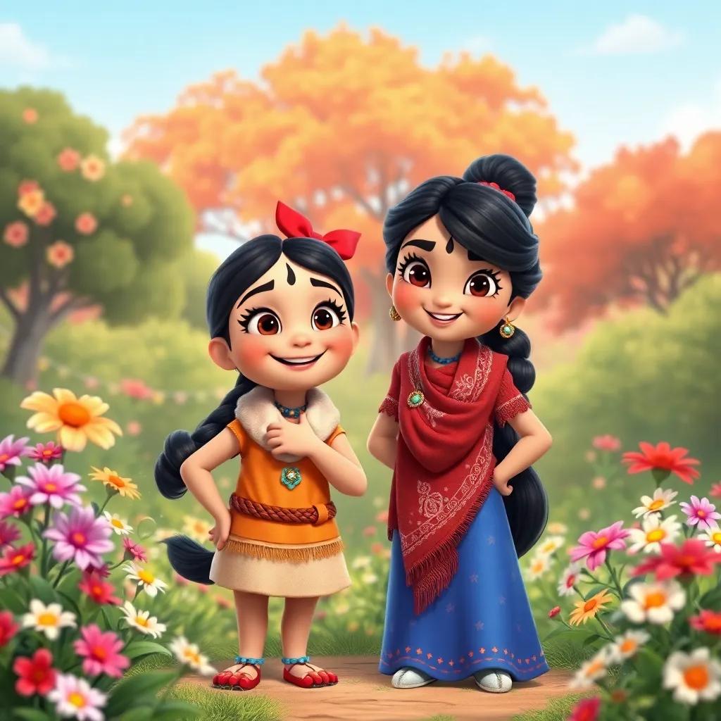Tula and Mía standing together, surrounded by flowers and trees, looking proud and happy about their friendship, cheerful and optimistic mood, vibrant colors, detailed art, high quality