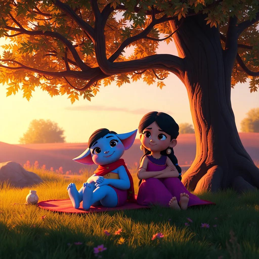 A serene scene of Tula and Mía at the end of the day, resting under a tree, appreciating their day full of adventures, warm, inviting colors, calm atmosphere, high quality