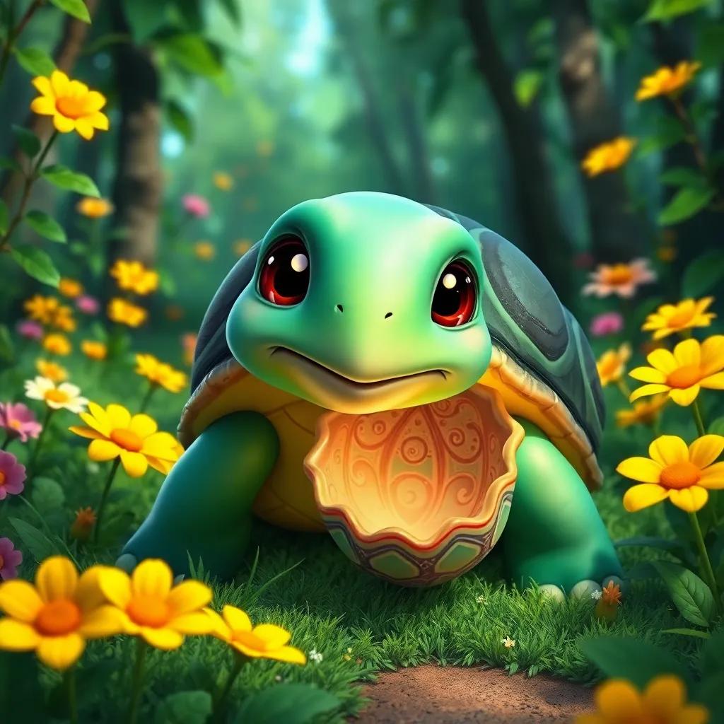 A cheerful turtle, Tula, with a shiny shell, discovering a beautiful ornate shell in a vibrant green forest filled with flowers, digital art, bright colors, joyful atmosphere, close-up view, high quality