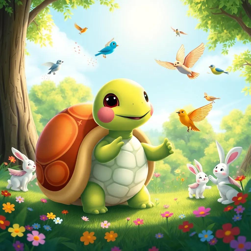 Tula, the cheerful turtle with a shiny shell, playing her magical shell while birds and rabbits dance around her in a sunny forest, packed with lush green trees and colorful flowers, illustration, lively and cheerful, child-friendly