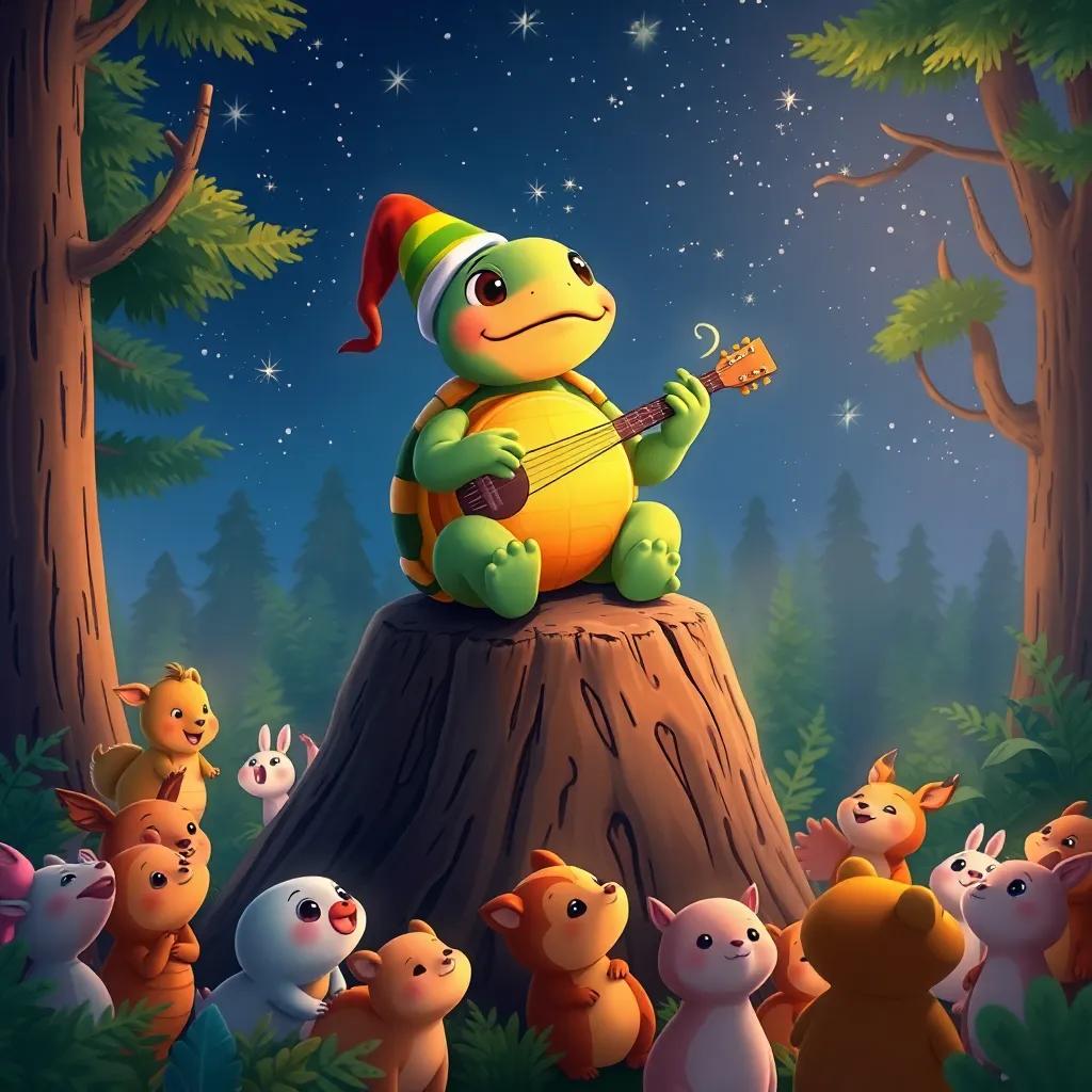 A festive scene of Tula the turtle sitting atop a log, playing her musical shell with a crowd of forest animals happily watching her concert under twinkling stars, vibrant and magical, warm colors, wide view, high quality