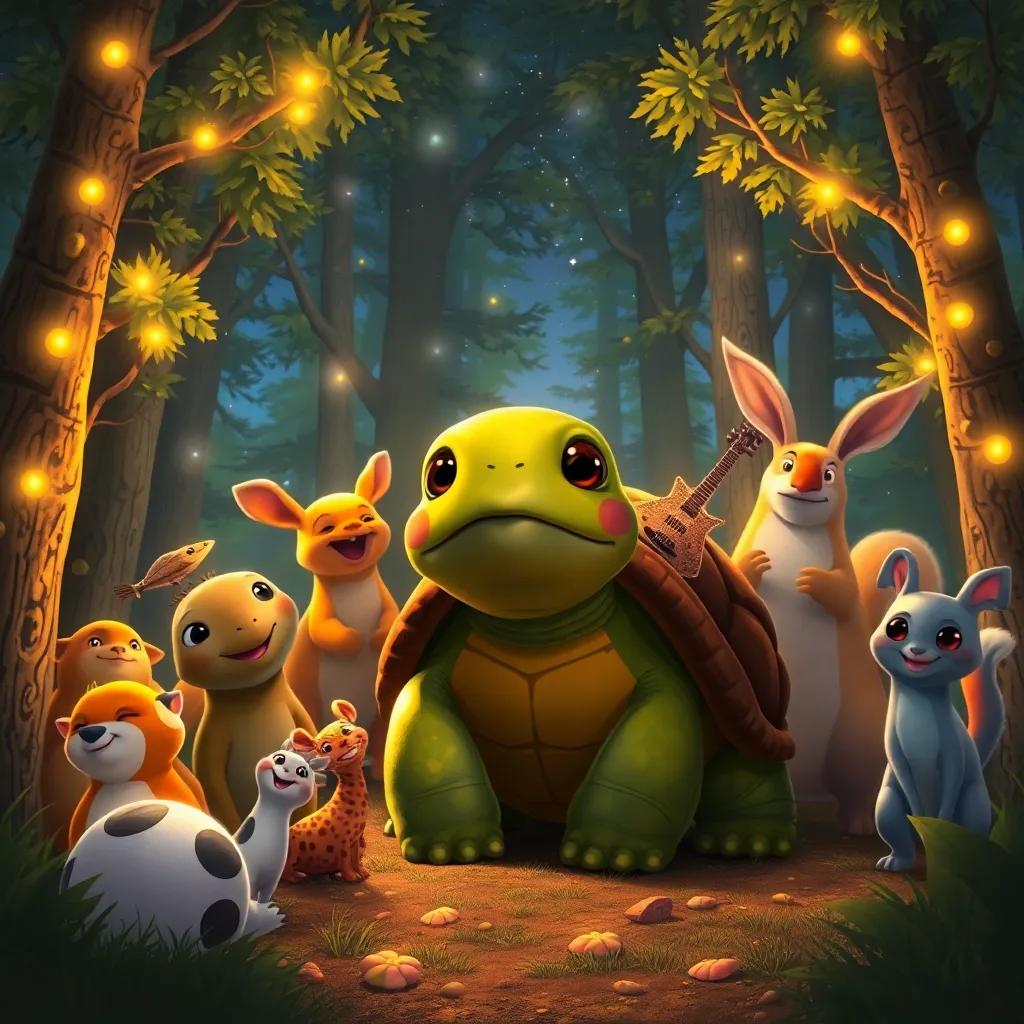 Tula, the turtle, surrounded by happy animals in the forest after an amazing concert, with trees swaying and stars glowing above, creating a magical atmosphere, digital painting, enchanting, warm light, storytelling angle