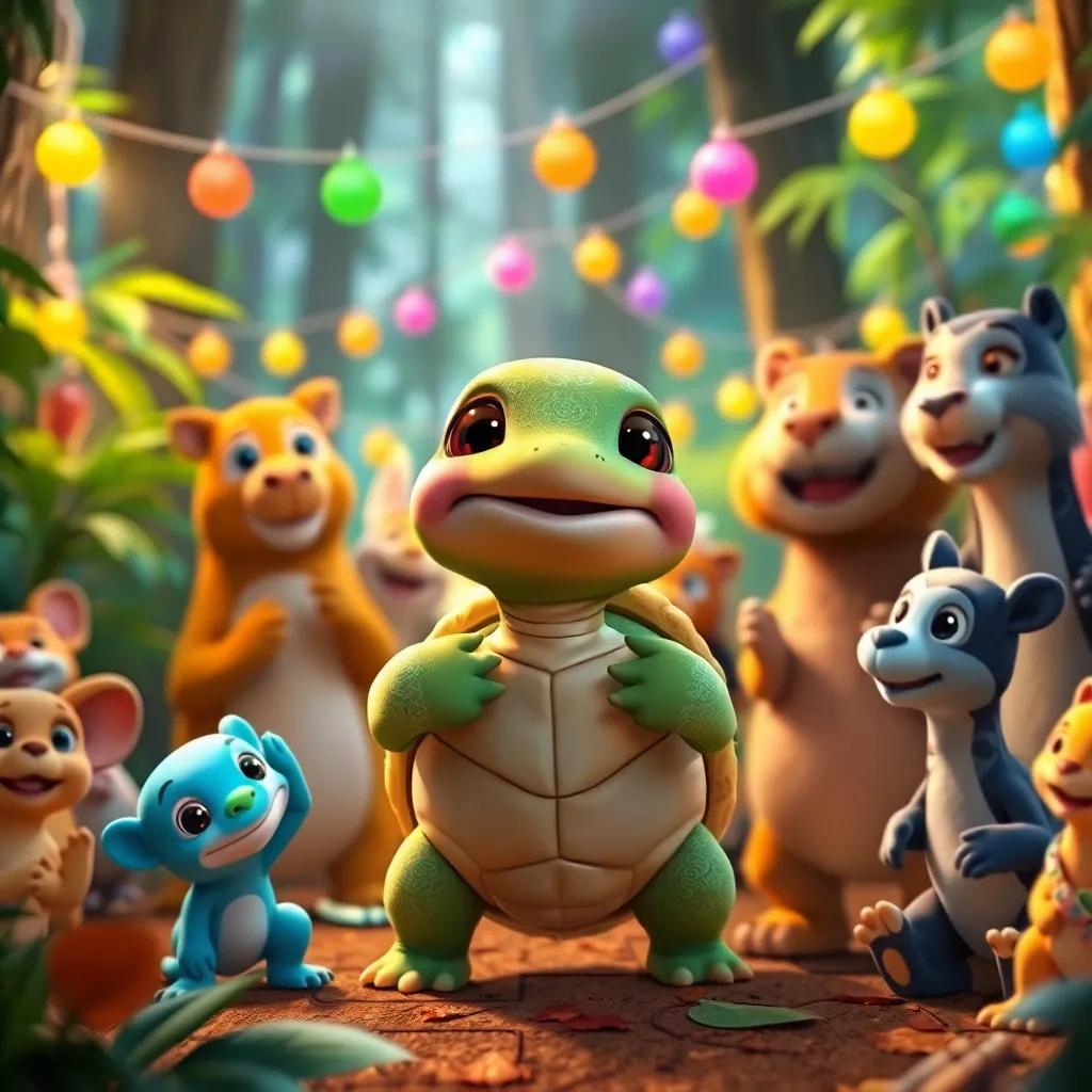 A joyful celebration in the forest with Tula the turtle receiving applause from all her animal friends, bright colors, festive ambiance, lively, high quality