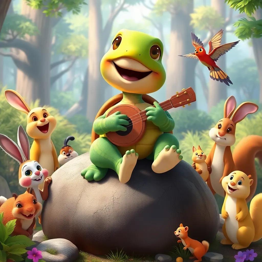 Tula the turtle sitting on a large rock, playing her musical shell, surrounded by curious animals like rabbits, birds, and squirrels, joyful expressions, colorful forest background, child-friendly illustration, vibrant colors