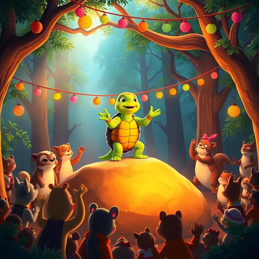 A lively concert scene in the forest, Tula the turtle performing on a big rock, animals dancing and clapping around her, colorful decorations hanging from trees, warm light, exciting atmosphere, detailed art