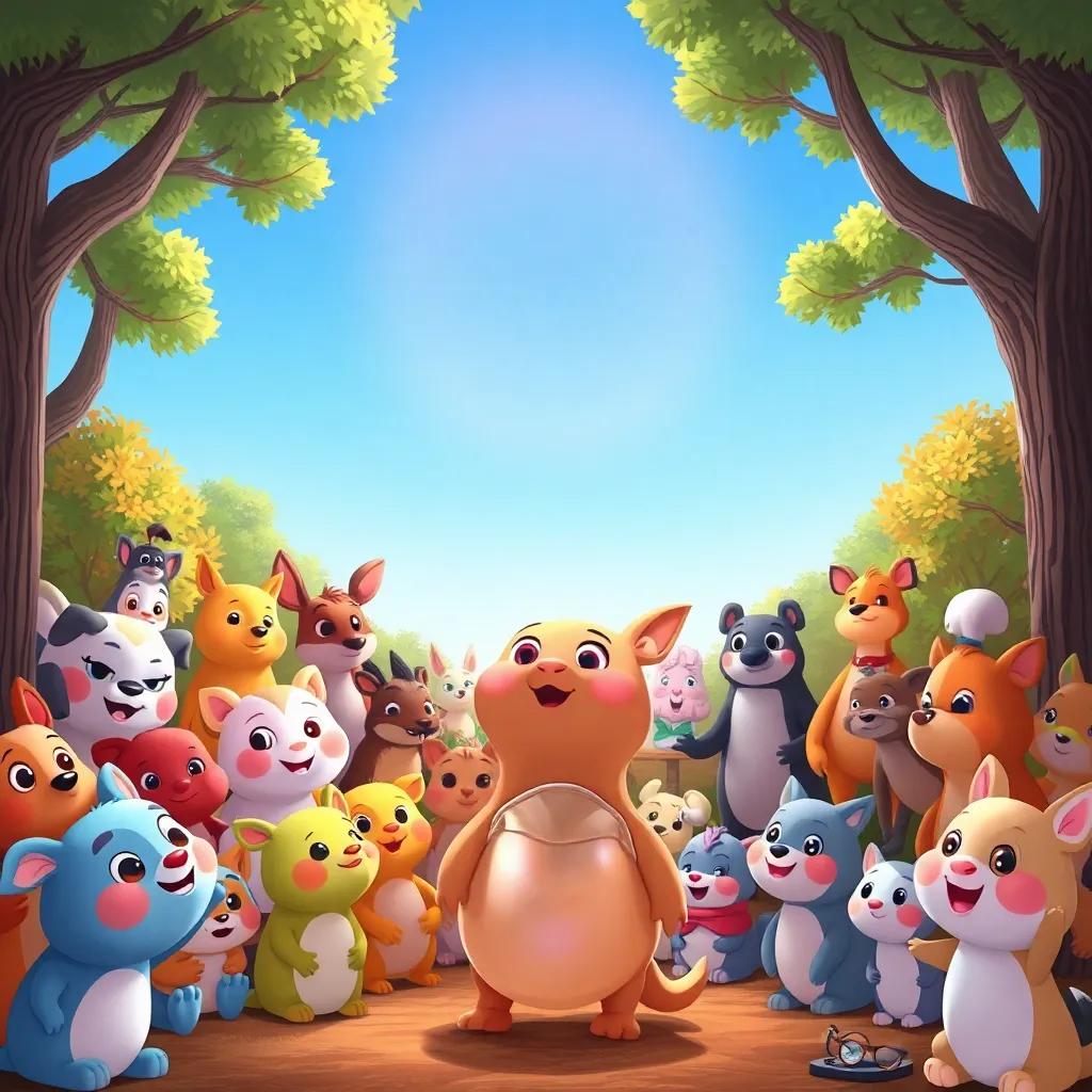A gathering of forest animals eagerly waiting for Tula's concert, a bright clear blue sky above, Tula with her shiny shell, ready to perform, happy faces, cheerful colors, illustration for children