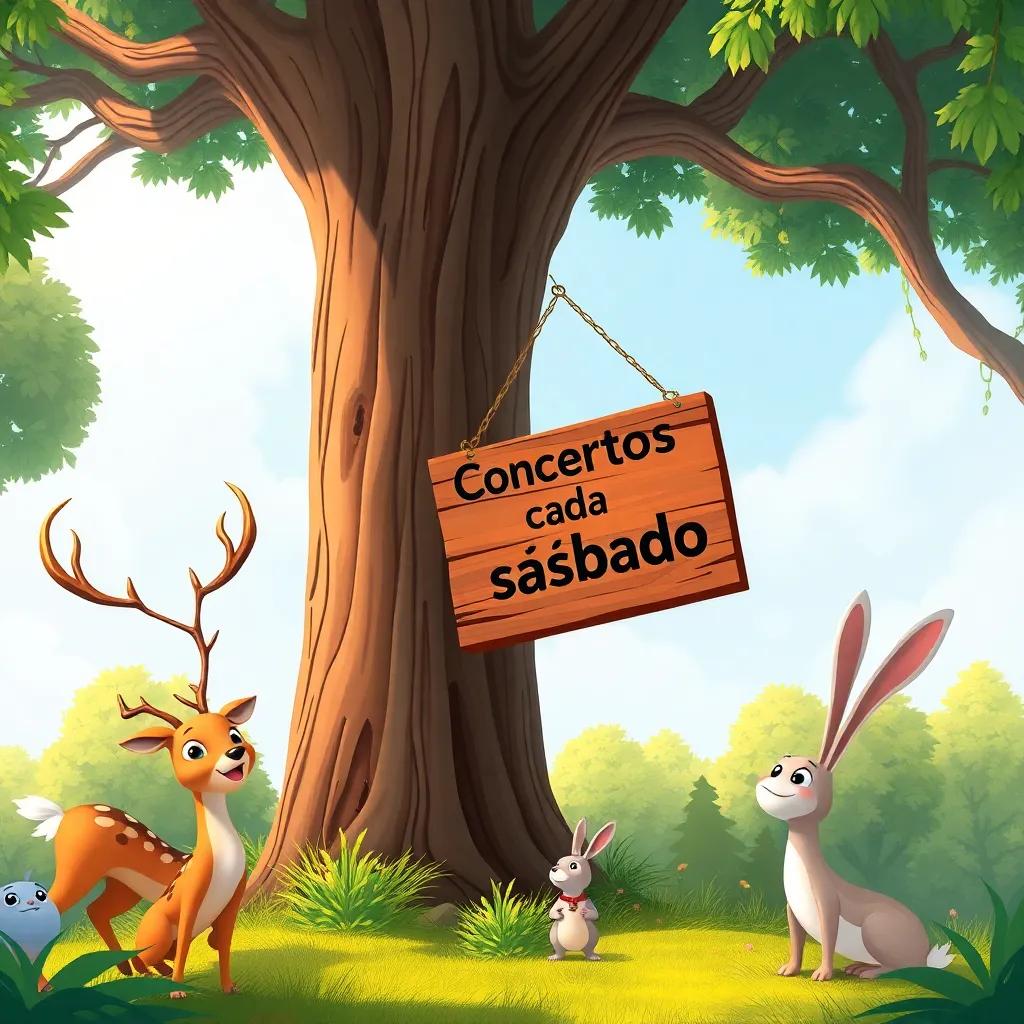 Tula the turtle hanging a sign on a tall tree that says 'Conciertos cada sábado', animals like deer and rabbits looking excited, cheerful atmosphere, vibrant colors, whimsical style