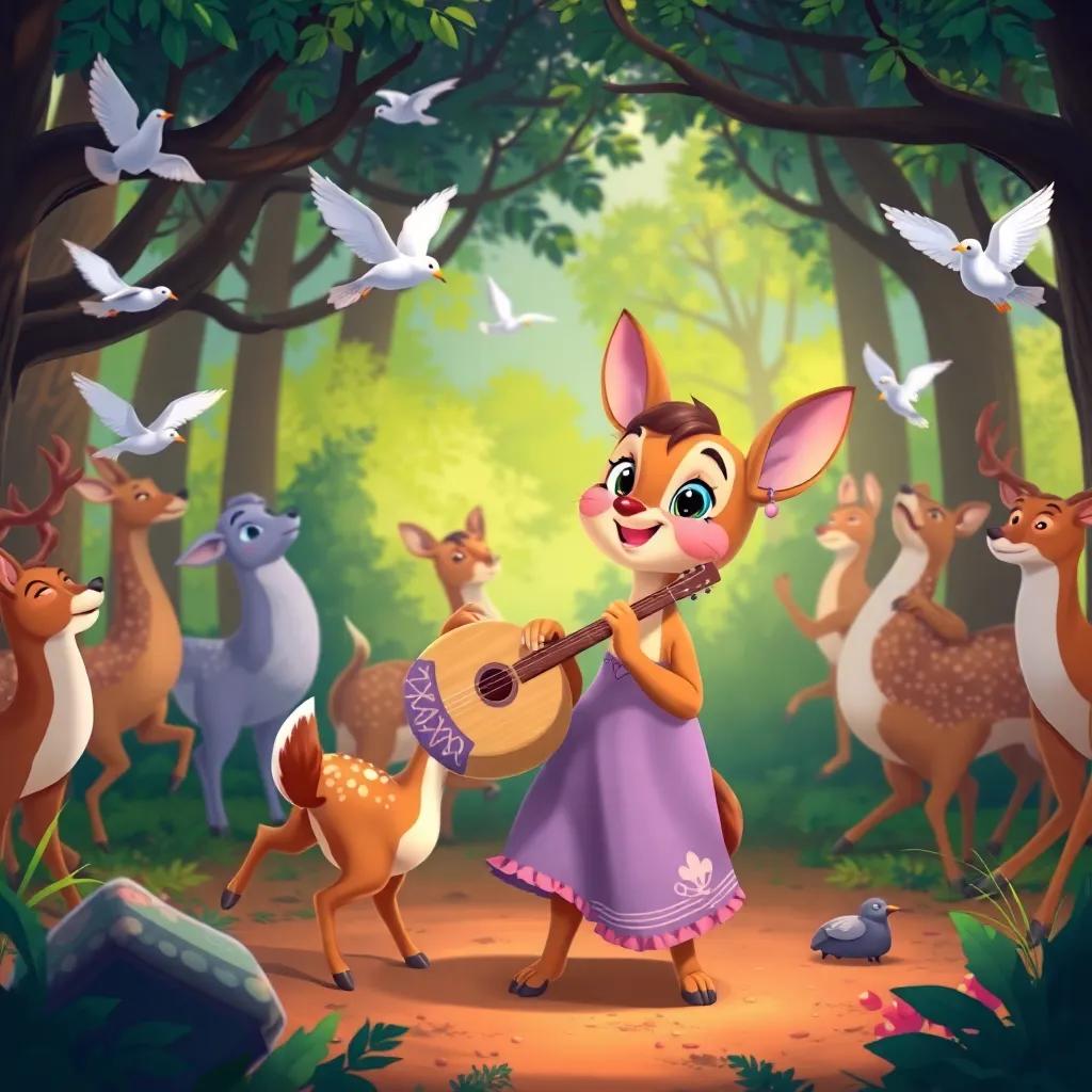 Tula playing her musical shell in front of a crowd of forest animals, joyful dancing deer, birds flying around, colorful forest background, lively illustration, happy scene