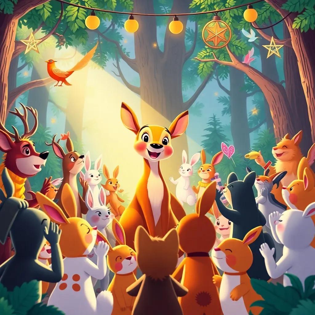 Various forest animals cheering and clapping during Tula's concert, a big circle of happy animals including deer, rabbits, and birds, colorful and joyful illustration, warm light