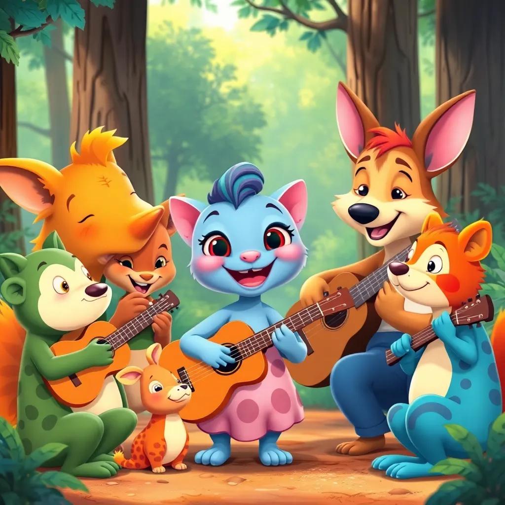 Tula smiling and teaching other animals how to play music together, forming a band in the forest, bright colors, playful scene, unity and joy, child-friendly illustration
