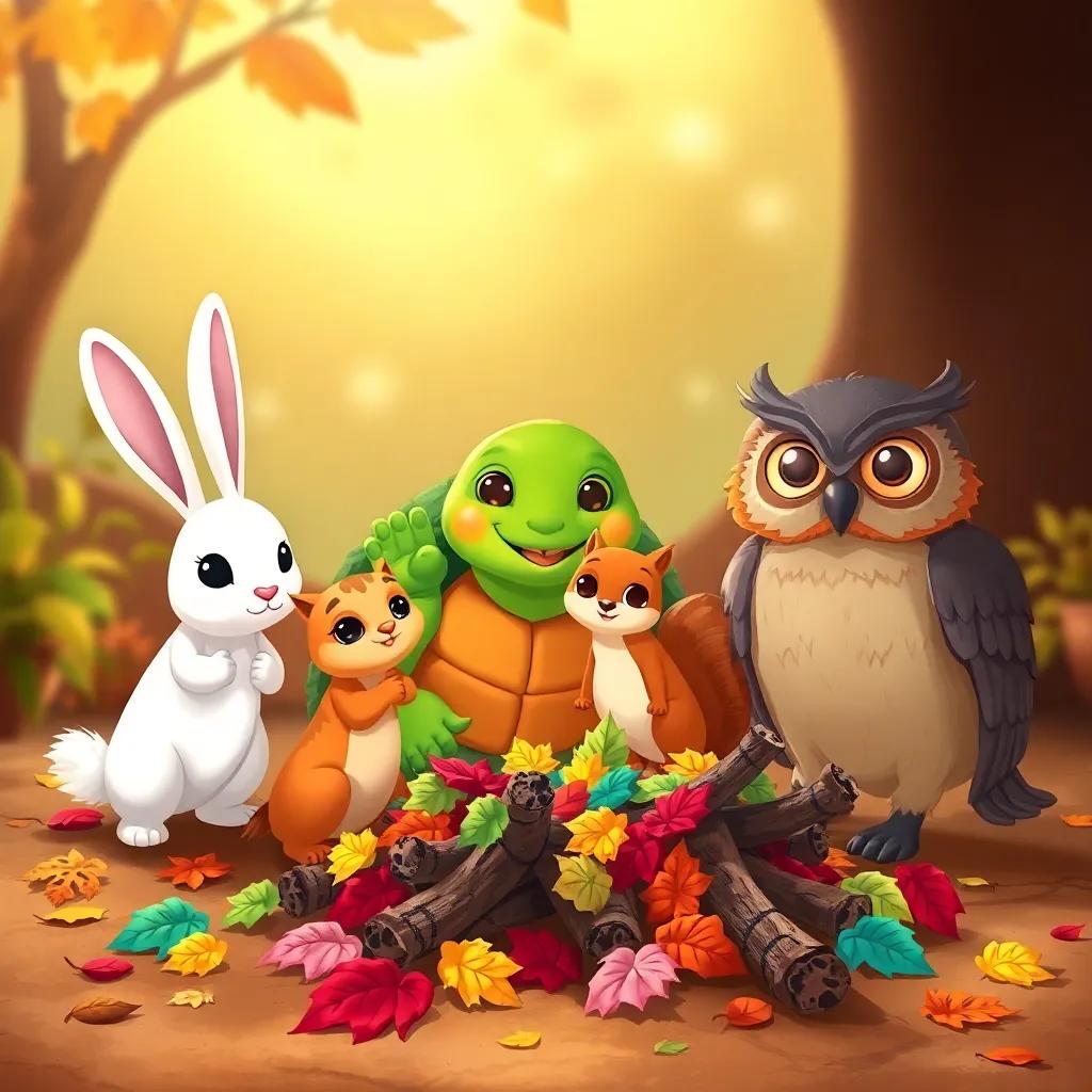 Tula the turtle with her friends: a white rabbit named Rayo, a brown squirrel named Chispa, and a wise owl named Sabio, all gathered around a colorful gathering of leaves and sticks, illustration, warm colors, teamwork theme, high quality