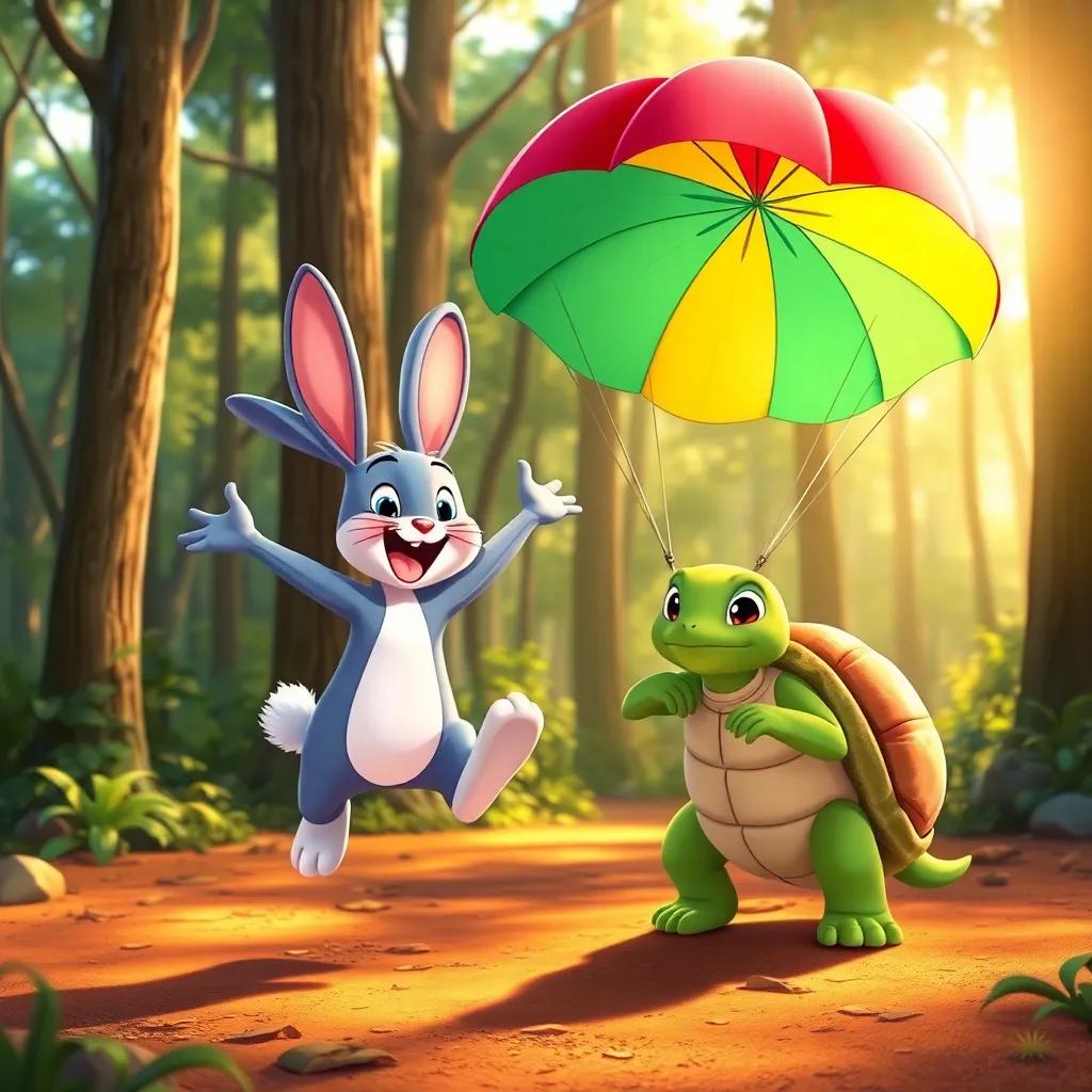 Rayo the rabbit jumping excitedly as Tula, the turtle, shows her colorful parachute made of large leaves, surrounded by forest scenery with trees and sunlight, illustration, vibrant colors, playful mood, high quality