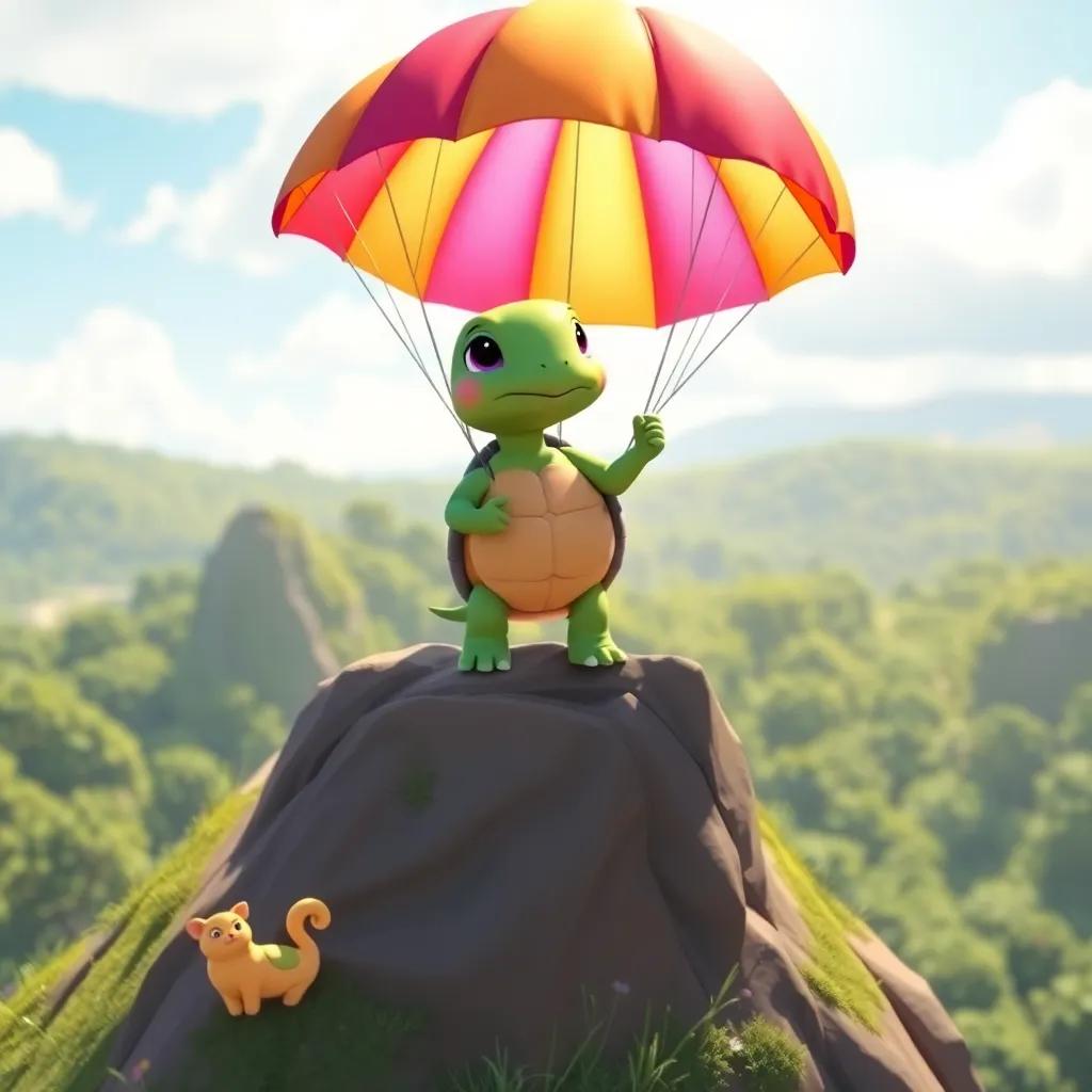 Tula the turtle standing on top of a hill, looking ready to jump with her colorful parachute behind her, her friends cheering below, bright and sunny day, illustration, inspiring scene, bright colors, high quality