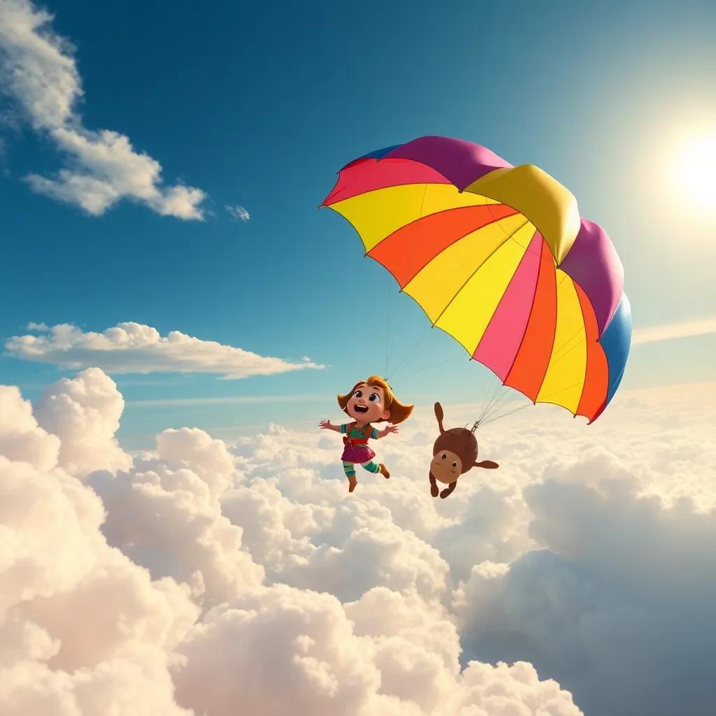 A thrilling scene of Tula soaring high in the sky with her colorful parachute, looking joyful and amazed, surrounded by fluffy clouds and the sun shining, illustration, magical moment, colorful, high quality