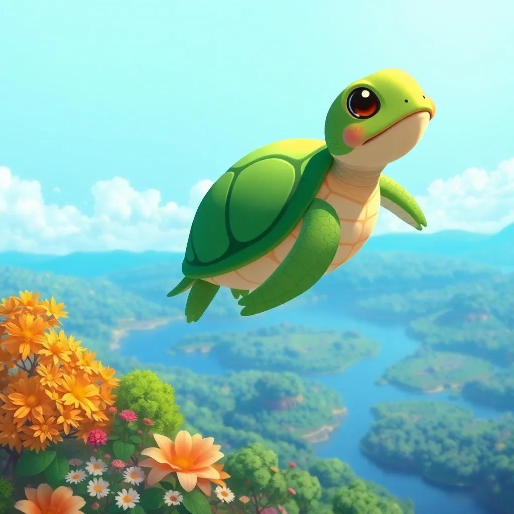 Tula the turtle gracefully floating over trees, flowers, and rivers, with a beautiful landscape below, looking peaceful and free, illustration, serene atmosphere, bright colors, high quality