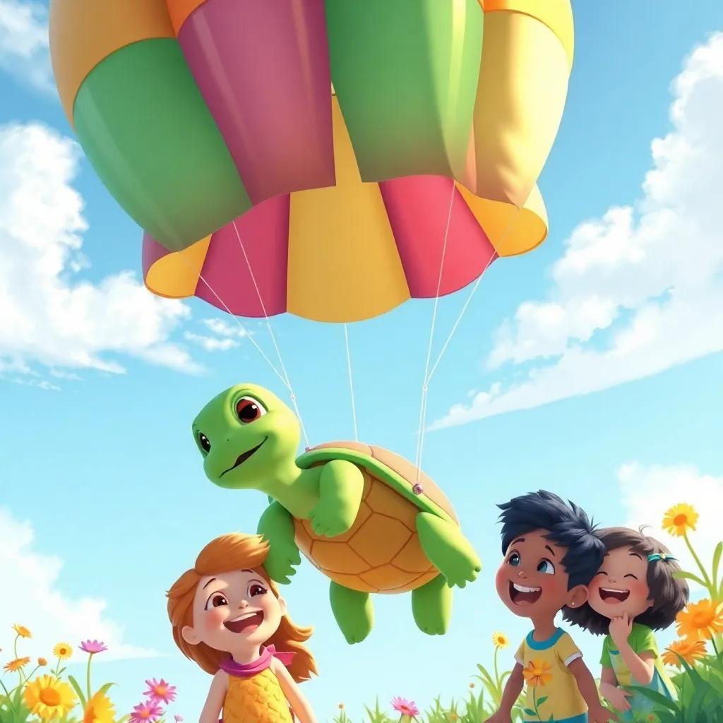 Tula the turtle descending gently with her colorful parachute, her friends below waiting for her, with smiles and laughter, bright and cheerful day, illustration, heartwarming scene, vibrant colors, high quality